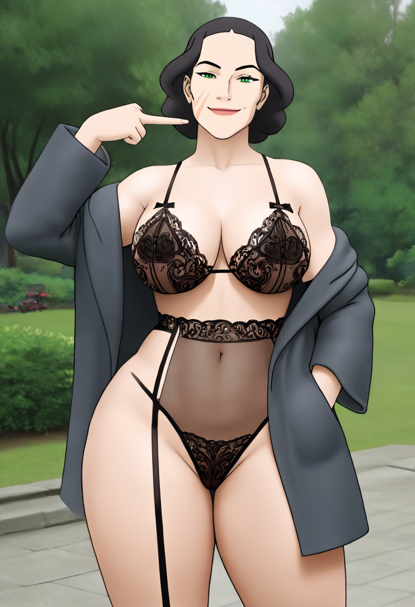 1girls ai_generated avatar_legends bbw curvy_figure earth_kingdom female hands_in_pockets lin_bei_fong lingerie the_legend_of_korra thick_thighs trenchcoat wide_hips