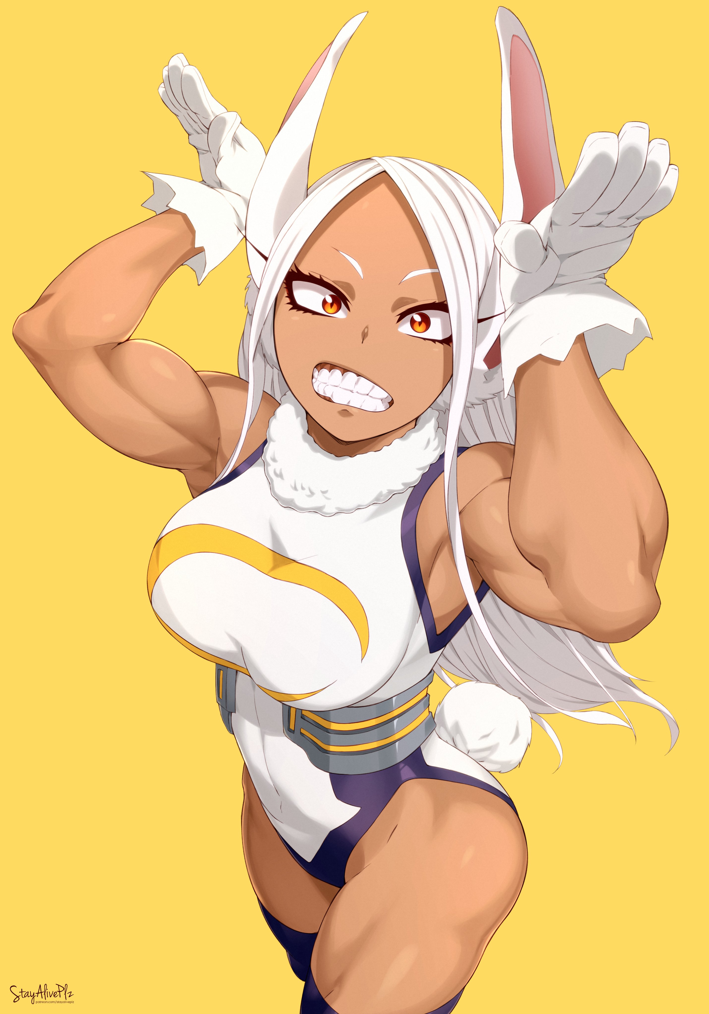 bodysuit, boku no hero academia, brown eyes, bunny ears, dark skin, dark-skinned female, female, fit, fit female, gloves, light skin, light-skinned female, looking at viewer, mirko, miruko, muscles, muscular, muscular female, my hero academia, rabbit ears, rumi usagiyama, simple background, stayaliveplz, teeth, teeth showing, white hair, yellow background