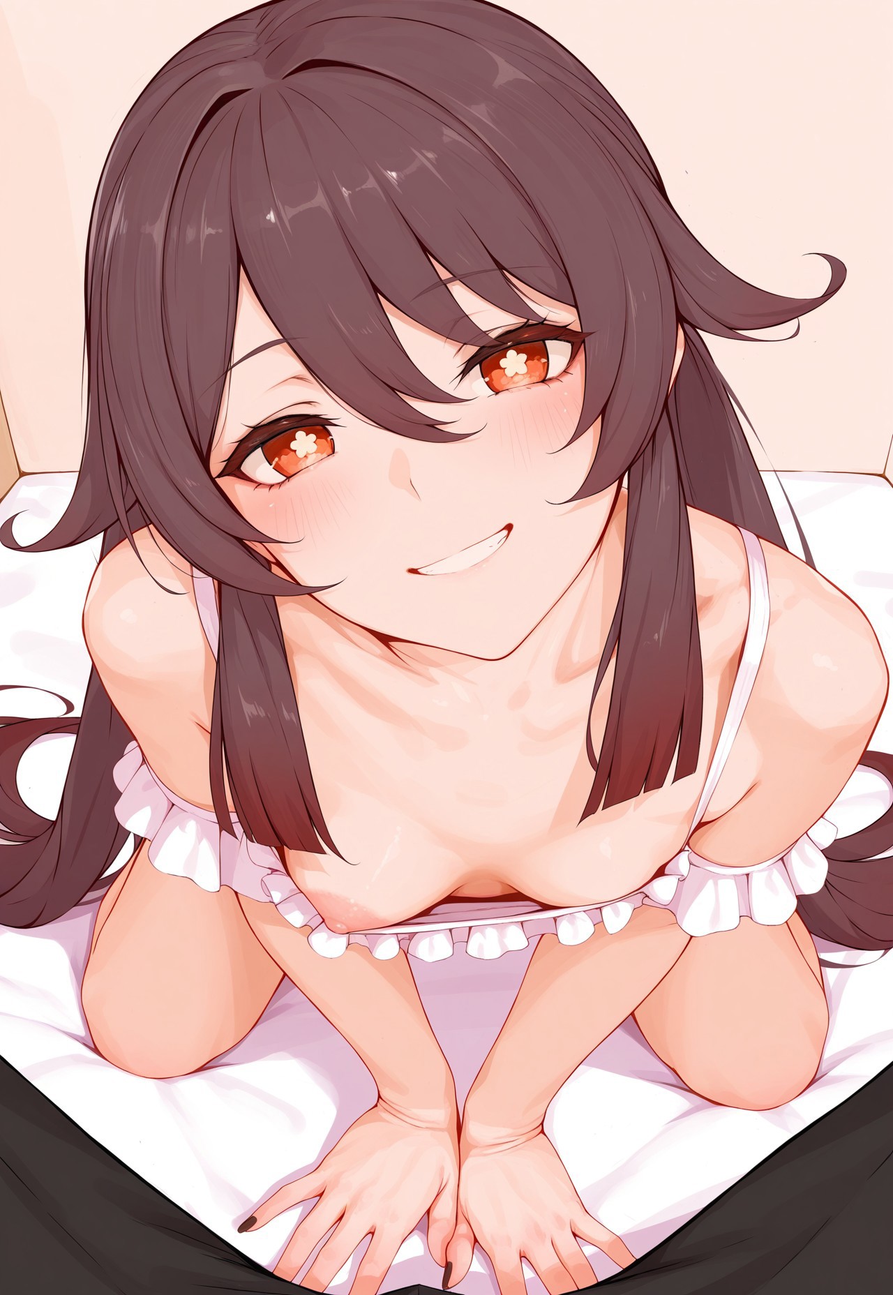 2d, ai generated, anime, blush, breasts, cute, female, galaktika73, genshin impact, hu tao (genshin impact), long hair, looking at viewer, nipples, on knees, perfect body, pov, small breasts, smile