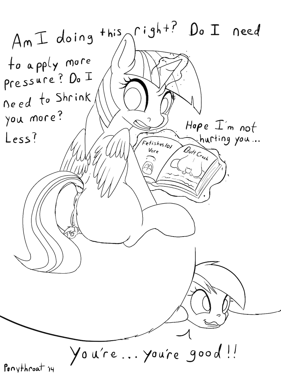 2014 alicorn anus ass black_and_white book dialog english_text equine female feral friendship_is_magic horn horse macro magic mammal micro monochrome my_little_pony pony ponythroat pussy rainbow_dash_(mlp) sitting text twilight_sparkle_(mlp) wings