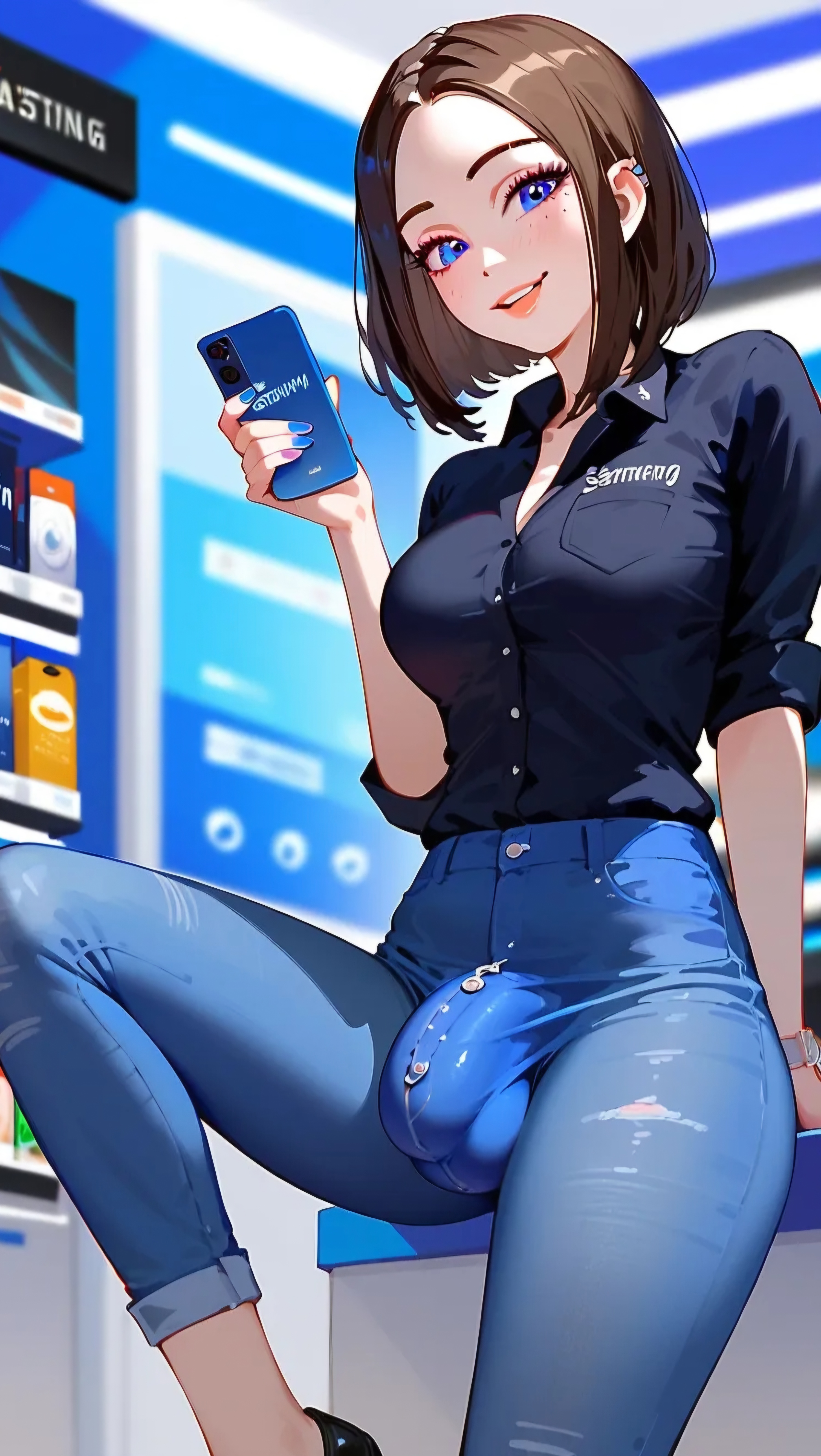 1futa, 2d, ai generated, bulge, bulge through clothing, futa only, futa sans pussy, futanari, half-erect, huge cock, intersex, jeans, looking at viewer, penis, penis under clothes, samsung, samsung sam, smartphone, smile, thick thighs, tight clothing, wide hips