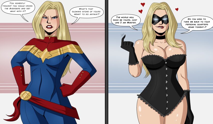 1girls 2koma angry before_and_after big_ass big_breasts biting_lip black_clothing blonde_hair blue_eyes breasts captain_marvel carol_danvers choker cleavage corset dialogue gloves heart hearts_around_head horny hourglass_figure hypnosis instant_loss instant_loss_2koma inviting leotard lipstick marvel marvel_comics mask medium_breasts mind_control ms._marvel_(carol_danvers) polmanning red_lipstick revealing_clothes slim_waist speech_bubble strapless superheroine wide_hips