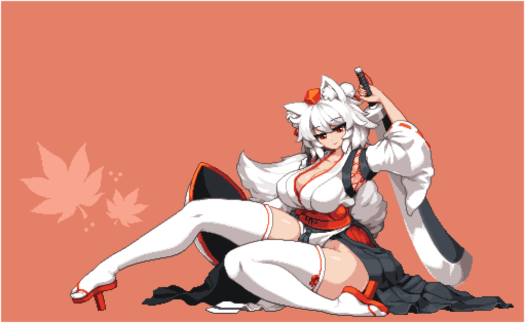 2d, breasts, female, kimono, large breasts, machete, momiji inubashiri, pixel art, red eyes, sword, takorin, touhou, wallpaper, white fur, white hair, wolf ears, wolf tail