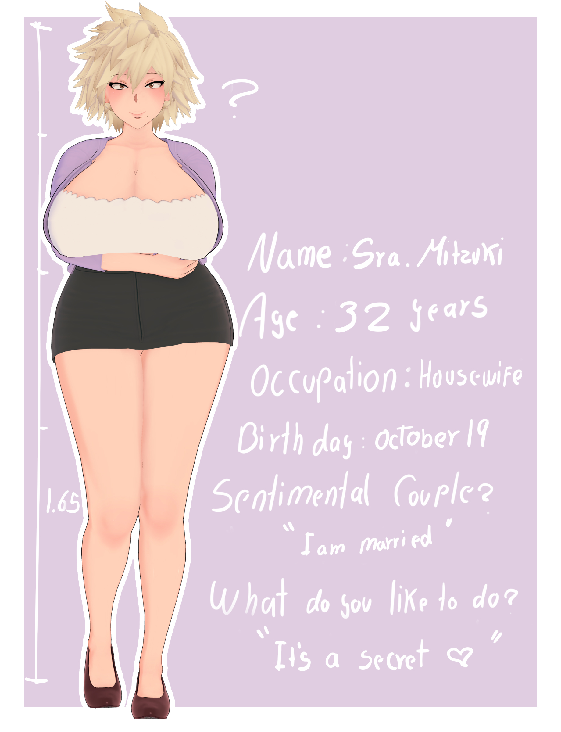 ?, 1girls, 3d, big breasts, blonde hair, breasts, brown eyes, character sheet, cleavage, crossed arms, dialogue, english text, female, full body, hi res, high resolution, highres, looking at viewer, mature, mature female, milf, mitsuki bakugou, my hero academia, skirt, text, thick thighs, vyrus smith