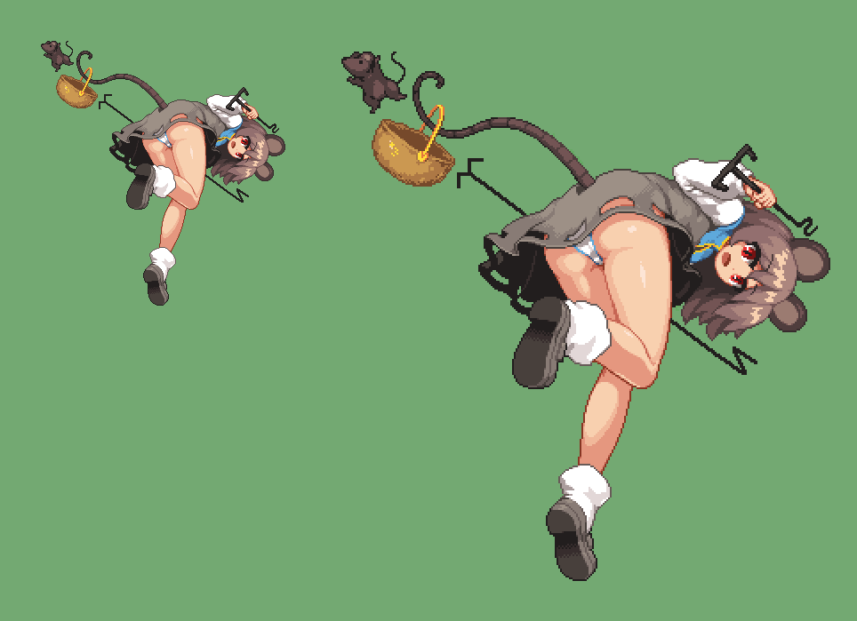 2d, brown hair, dress, female, looking at viewer, mouse ears, nazrin, panties, pantyshot, pixel art, red eyes, takorin, touhou