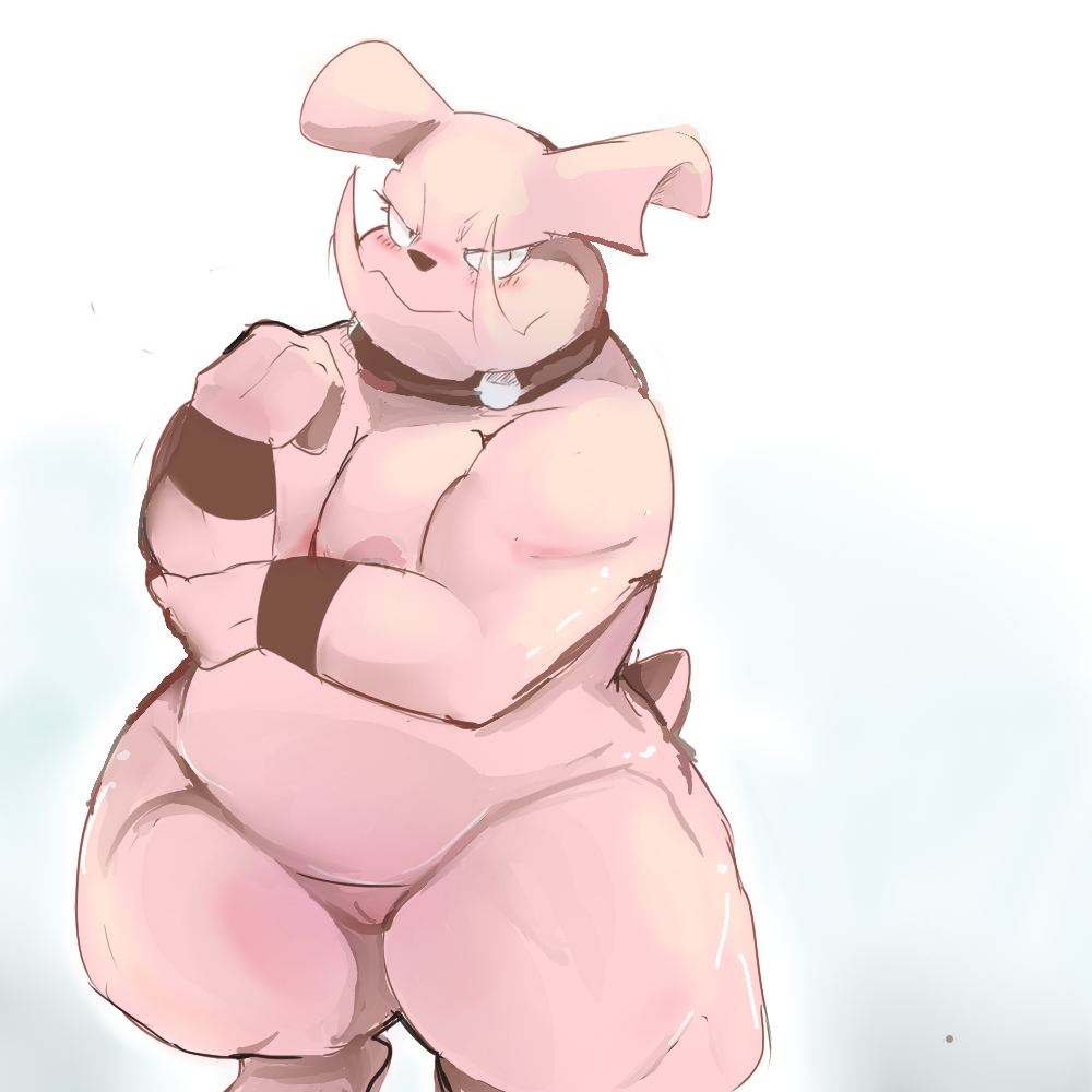 anthro anthrofied blush breasts chubby chubby_female collar female fur furry furry_only granbull looking_at_viewer nintendo no_humans nude plain_background pokémon_(species) pokemon pokemon_only pussy shamelesss solo standing tail thick_thighs thunder_thighs video_games white_background wide_hips