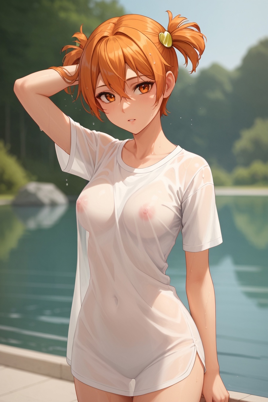 ai_generated alisa_(everlasting_summer) everlasting_summer looking_at_viewer red_hair see-through solo wet_clothes