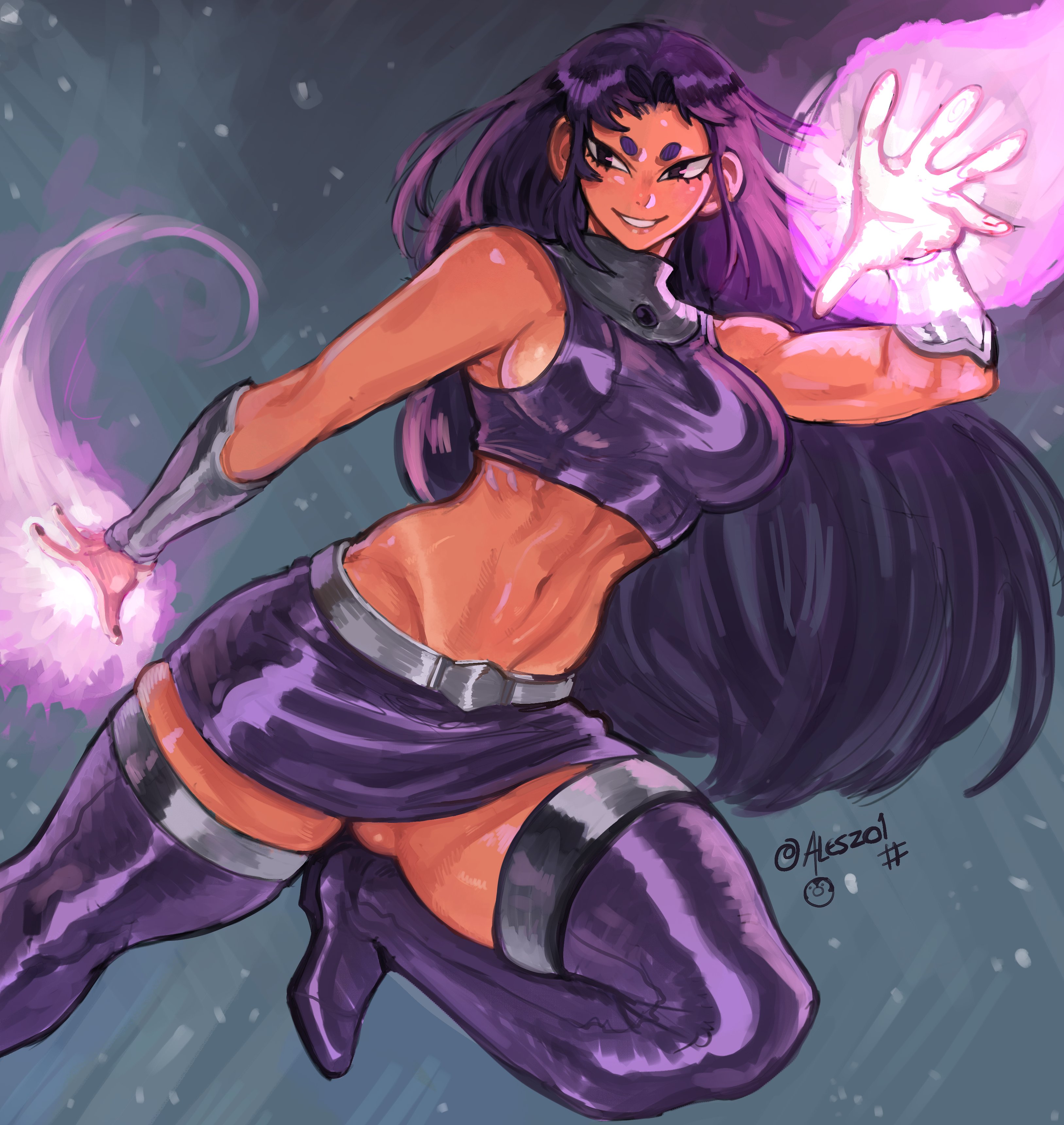 1girls, al3s, ass visible through thighs, blackfire, boots, breasts, cartoon network, dc, dc comics, female, large breasts, purple eyebrows, purple eyes, purple hair, solo, solo focus, starfire (cosplay), teen titans, thick thighs, wide hips