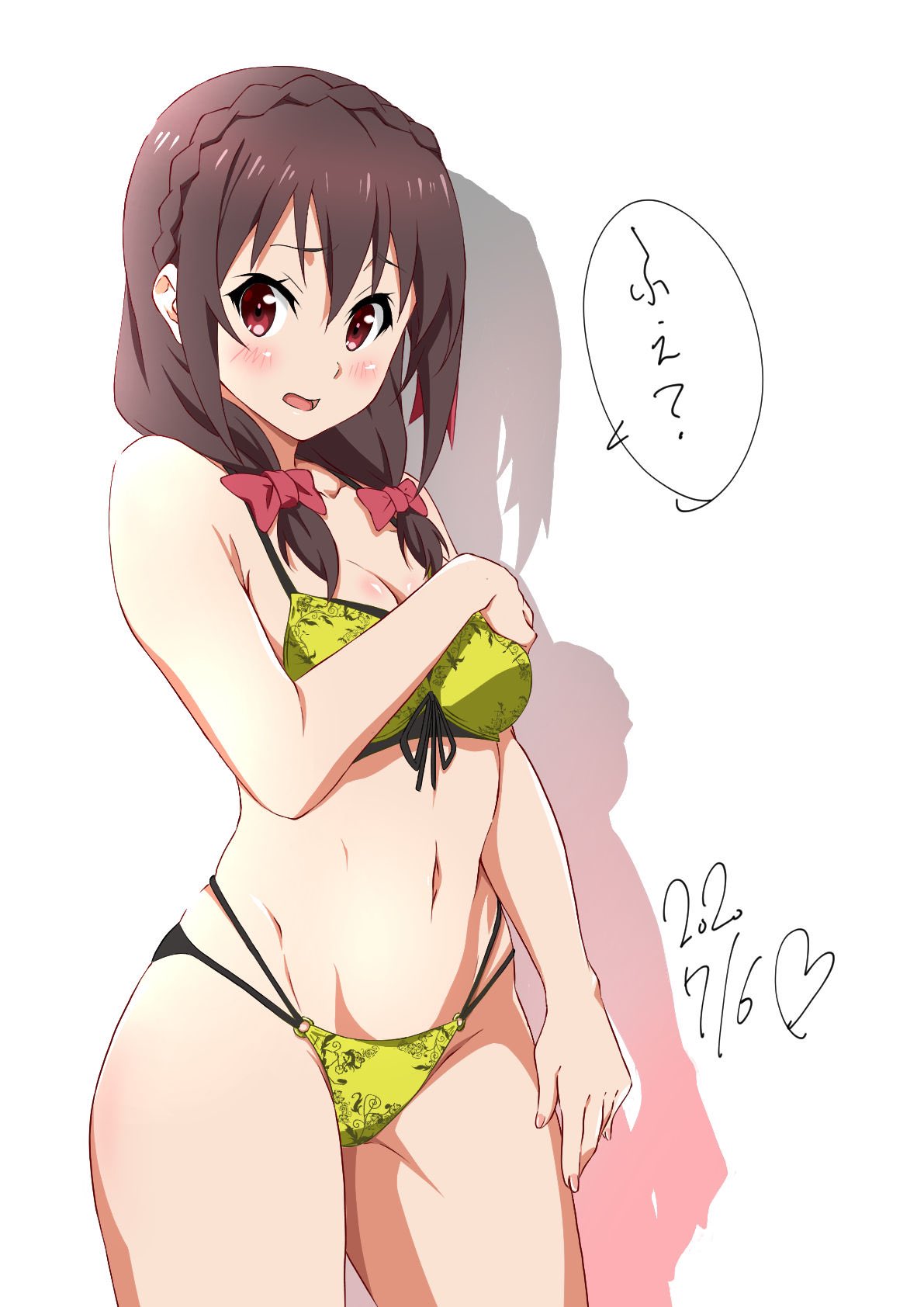 ass_visible_through_thighs bare_arms bare_belly bare_legs bare_shoulders bare_thighs belly_button bikini black_hair blush body_blush braid breasts cleavage embarrassed green_bikini hair_ribbon kono_subarashii_sekai_ni_shukufuku_wo! long_hair medium_breasts open_mouth red_eyes thighs tsuji643163271 yunyun_(konosuba)