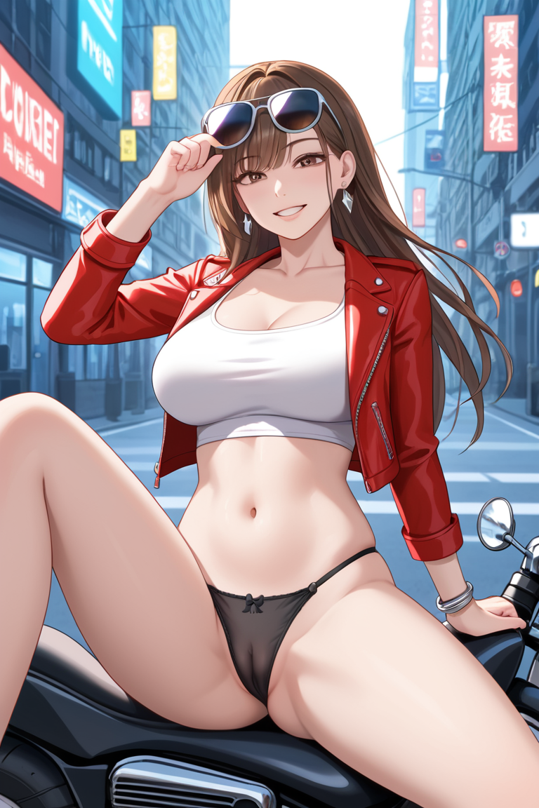 ai_generated big_breasts breasts brown_hair cameltoe city_background cleavage crop_top exhibitionism leather_jacket motorcycle on_motorcycle outdoors panties panty public public_nudity red_leather_jacket sitting spread_legs sunglasses sunglasses_on_head white_girl white_skin