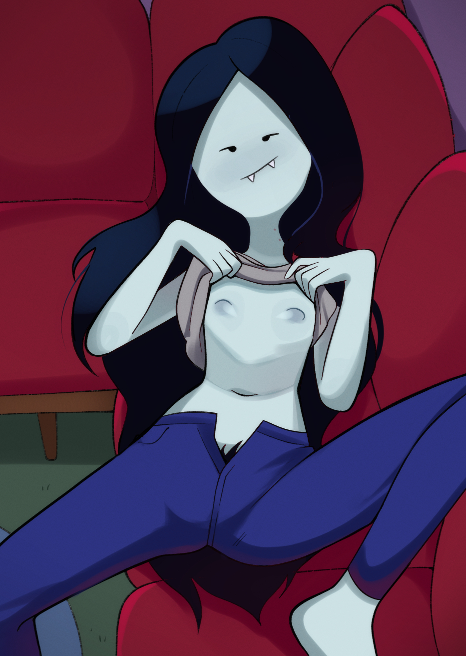 2024 2d adventure_time black_hair cartoon_network couch fangs female female_focus female_only full_color grey_skin long_hair marceline newguy1091 no_bra no_penetration pubic_hair shirt_up small_breasts solo solo_female vampire vampire_girl