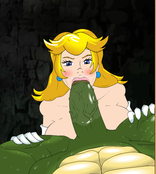 blowjob blowjob_face blowjob_pov bowser breasts fellatio gloves green_cock green_skin huge_breasts huge_cock mario_(series) meet_'n'_fuck_games muscles nintendo partial_male princess_peach saliva_on_penis salivating six_pack