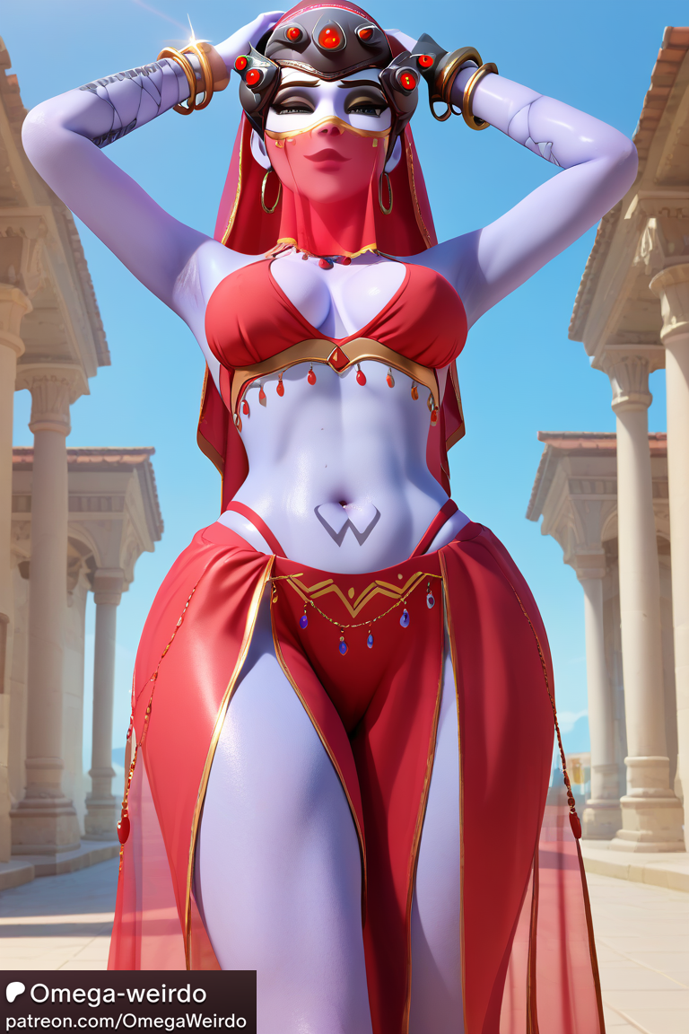 ai_generated belly_dancer black_hair dancer_outfit female harem_outfit headgear makeup omega-weirdo overwatch overwatch_2 patreon ponytail pubic_tattoo purple_skin widowmaker