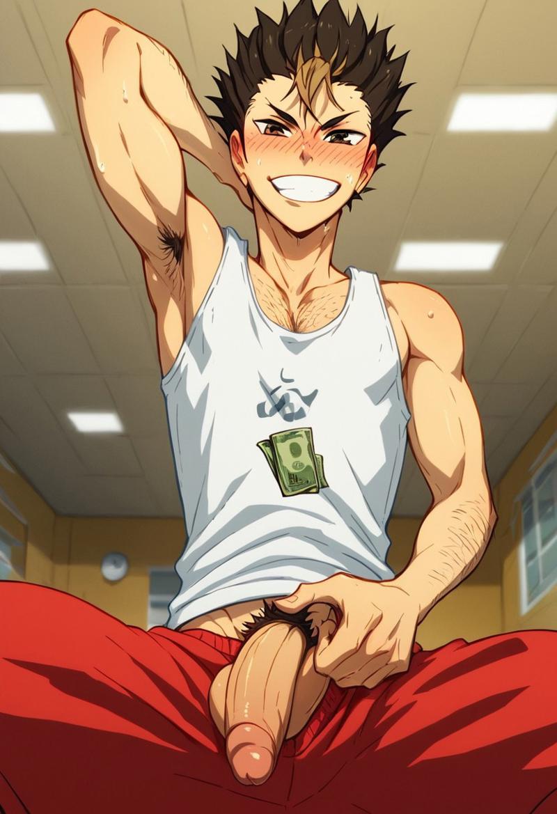 abs ai_generated balls bara biceps big_balls big_penis black_hair gay haikyuu!! male male_only muscular muscular_male penis sweat toned_body toned_male twall97 yaoi yu_nishinoya