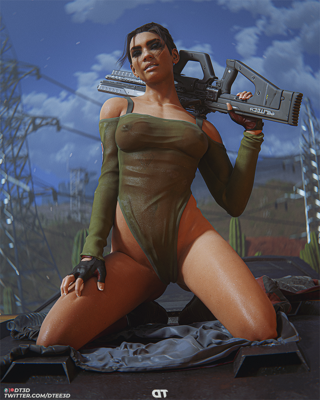 1girls 3d brown_hair cd_projekt_red cyberpunk_2077 dtee3d female female_only gun kneeling looking_at_viewer panam_palmer see-through see-through_clothing solo