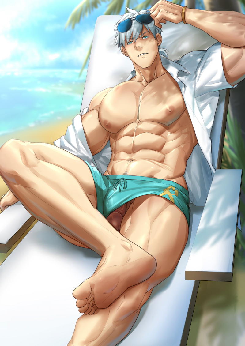 1boy abs aqua_male_swimwear bara barefoot beach beach_chair blue_eyes bracelet chachi_(soulga) character_request chinese_commentary collarbone copyright_request day eyewear_on_head flaccid foot_out_of_frame horizon jewelry lying male_focus male_swimwear muscular muscular_male navel nipples on_chair outdoors palm_tree pectorals penis percival_(fate) solo sunglasses tree tree_shade white_hair yellow_bracelet