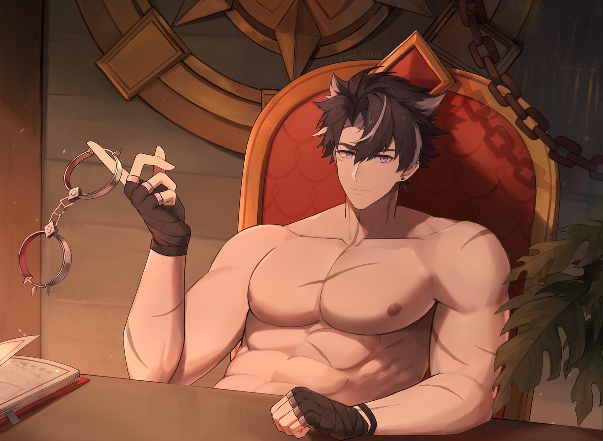 1boy, bara, bare pectorals, gay, genshin impact, male, male focus, male only, muscular, muscular male, solo, solo male, wriothesley (genshin impact), yaoi