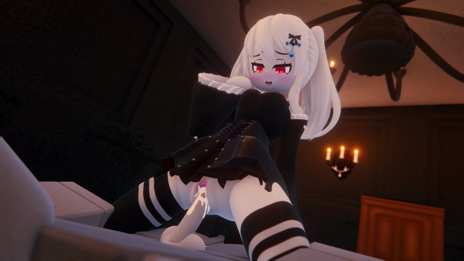 3d, anon, blush, cum, cum in pussy, cum inside, female, goth, gothic, hoxy6p70, kneehighs, on top, pussy, red eyes, roblox, roblox avatar, robloxian, smile, twintails, white hair, white skin