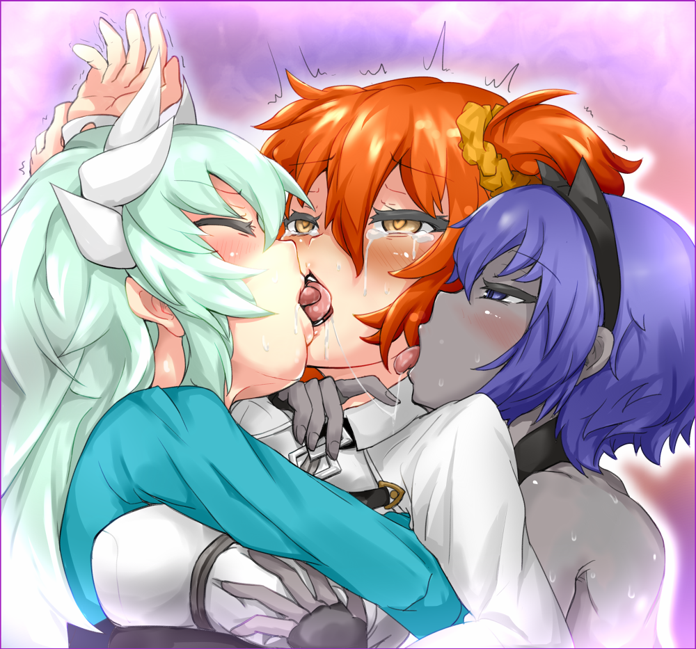 3girls aqua_hair dark-skinned_female fate/grand_order fate_(series) french_kiss fujimaru_ritsuka_(female) grabbing_breasts hassan_of_serenity_(fate) heart-shaped_pupils kiyohime_(fate/grand_order) light-skinned_female orange_hair purple_hair yarareimu yuri