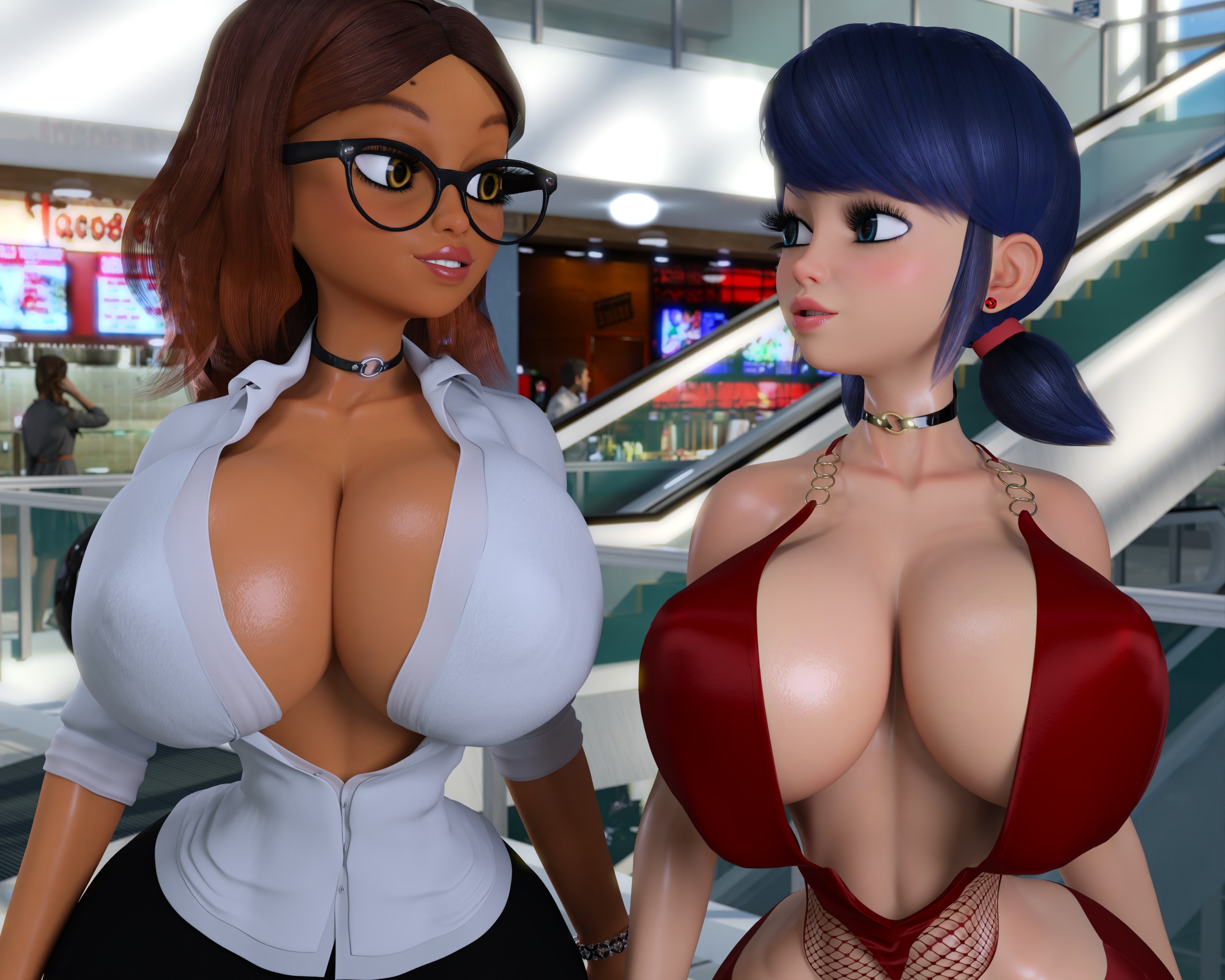 2girls, 3d, alternate breast size, alya cesaire, ass, big breasts, bimbo body, blue eyes, blue hair, blush, breasts, breasts bigger than head, brown hair, brown skin, choker, dark skin, dark-skinned female, ear ring, earring, female, female focus, female only, giant breasts, glasses, glistening lips, huge breasts, light skin, light-skinned female, long hair, long sleeves, looking at viewer, looking pleasured, marinette dupain-cheng, miraculous ladybug, miraculous: tales of ladybug and cat noir, multiple females, multiple girls, nipple bulge, no bra, pigtails, red dress, ruidx, sexually suggestive, skimpy clothes, skimpy dress, skimpy outfit, slim waist, thick, thick ass, thick lips, thick thighs, thin waist, voluptuous female, white shirt