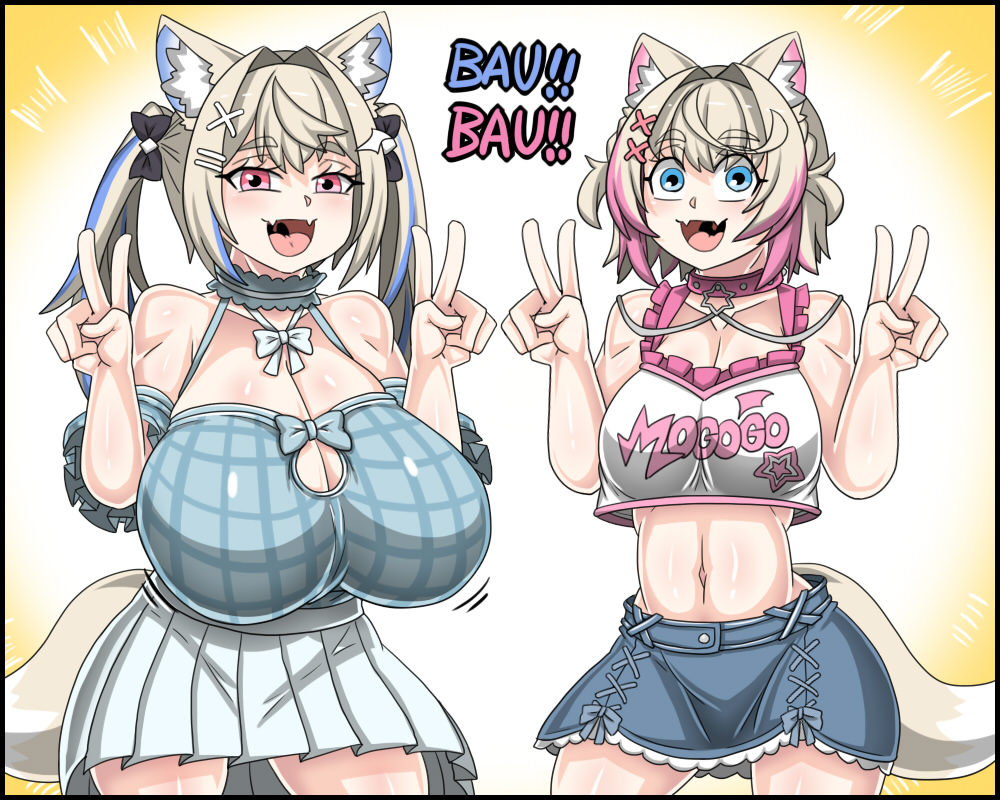 bouncing_breasts dr.bug futanari fuwamoco fuwawa_abyssgard hololive huge_breasts jiggling_breasts massive_breasts midriff mococo_abyssgard sagging_breasts sisters v_sign virtual_youtuber vtuber