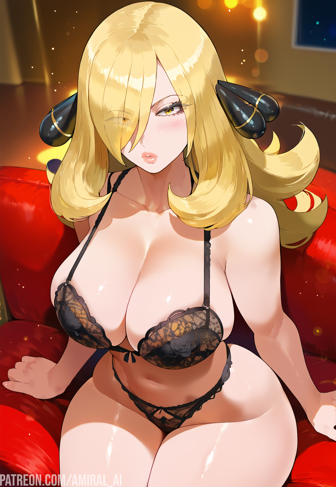 1girls, ai generated, amiral ai, blonde hair, bra, breasts, clothing, cynthia (pokemon), female, female only, game freak, hair over one eye, hips, huge breasts, light skin, light-skinned female, lingerie, long hair, nintendo, panties, pokemon, pokemon dppt, thick thighs, thighs, wide hips