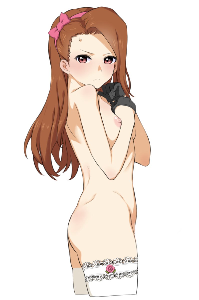 1girls areola black_gloves blush breasts brown_hair censored erect_nipples female female_only gloves hairband heart heart_censor highres hisakawa_riho idolmaster long_hair looking_at_viewer minase_iori nipples nude red_eyes simple_background small_breasts solo thighhighs white_background white_legwear