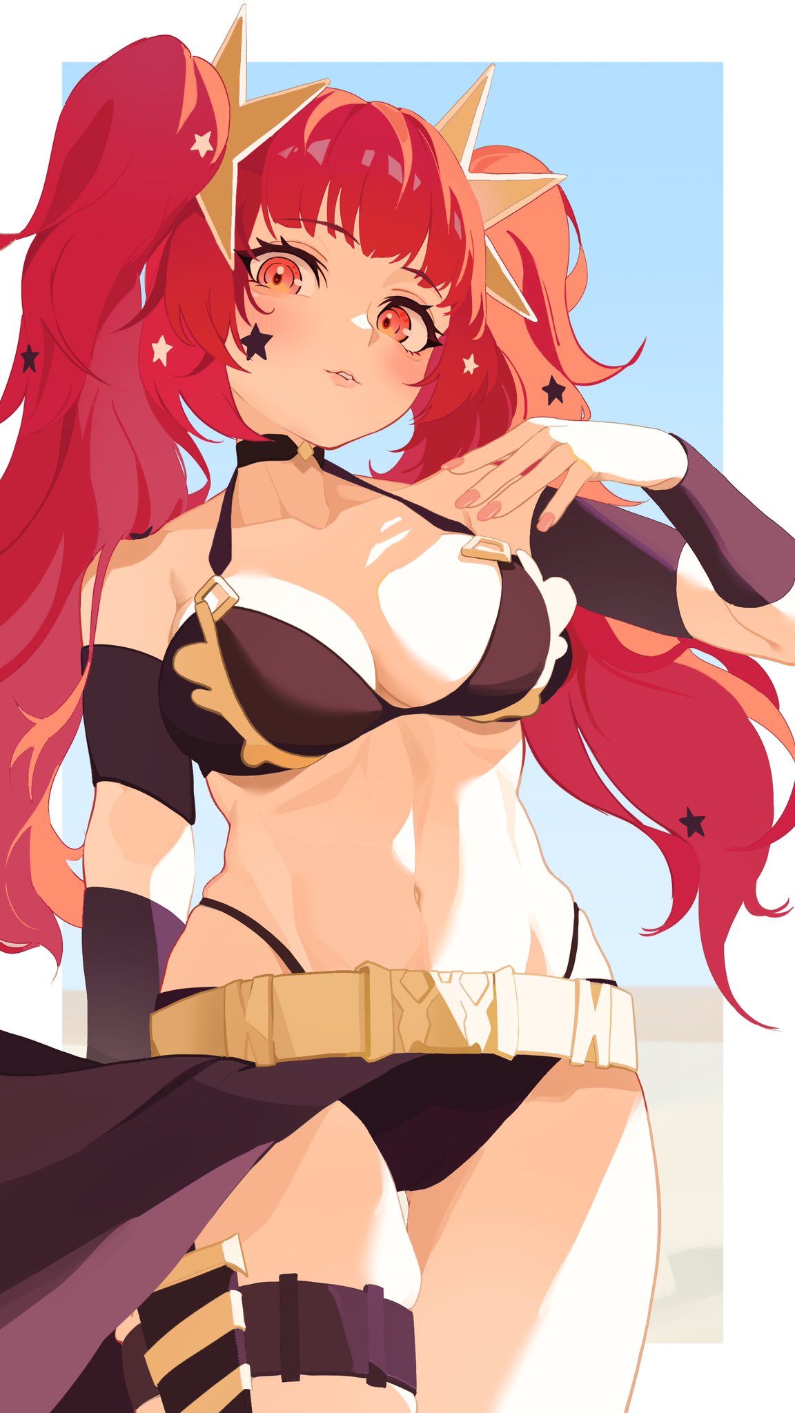 1girls alternate_costume alternate_hairstyle belt bikini black_bikini black_swimsuit blush breasts choker cleavage facial_mark female female_only fire_emblem fire_emblem_engage gbbgb321 hair_ornament highres long_hair looking_at_viewer nintendo open_mouth parted_lips red_eyes red_hair simple_background solo star_(symbol) star_facial_mark star_hair_ornament swimsuit thigh_strap twintails yunaka_(fire_emblem)