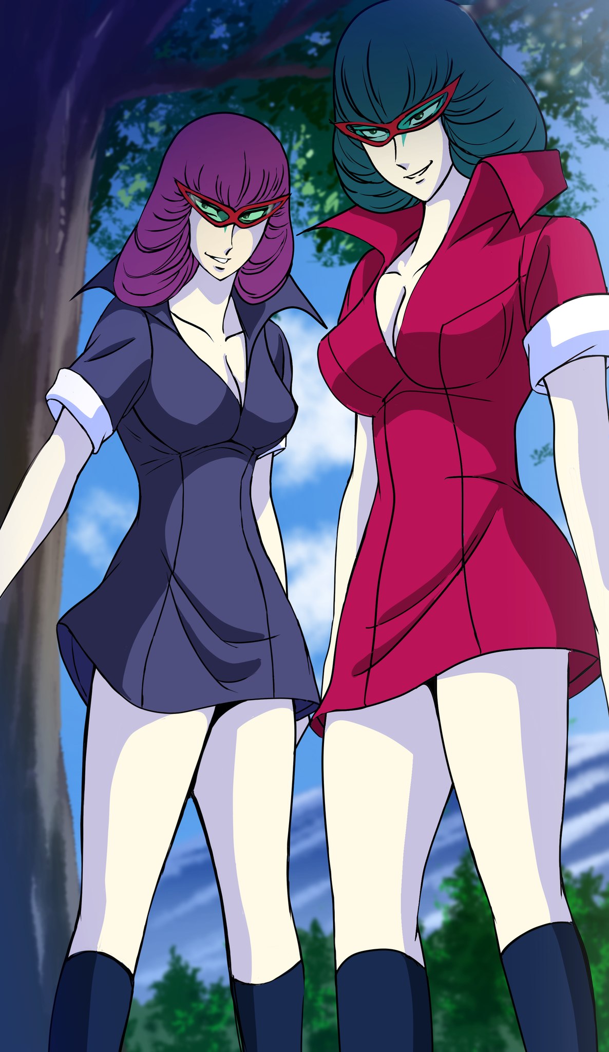 2girls alien alien_girl alien_humanoid assassin_a assassin_b evil_grin mask pointy_chin t35endou ufo_robo_grendizer villainess