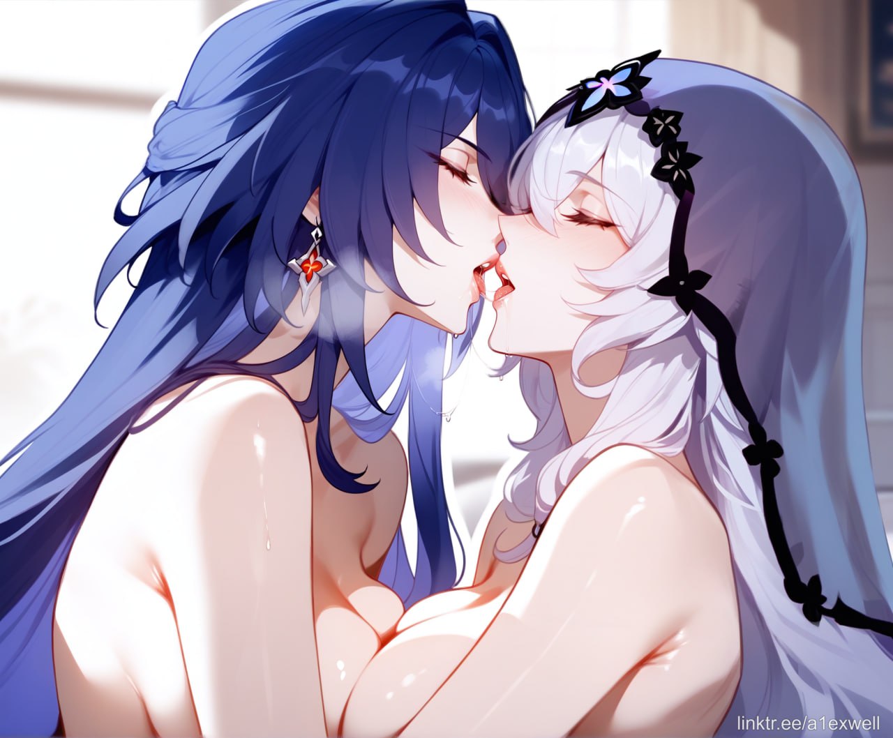 2girls, a1exwell, acheron (honkai: star rail), after kiss, ai generated, black swan (honkai: star rail), closed eyes, female, honkai (series), honkai: star rail, saliva trail, stable diffusion, yuri
