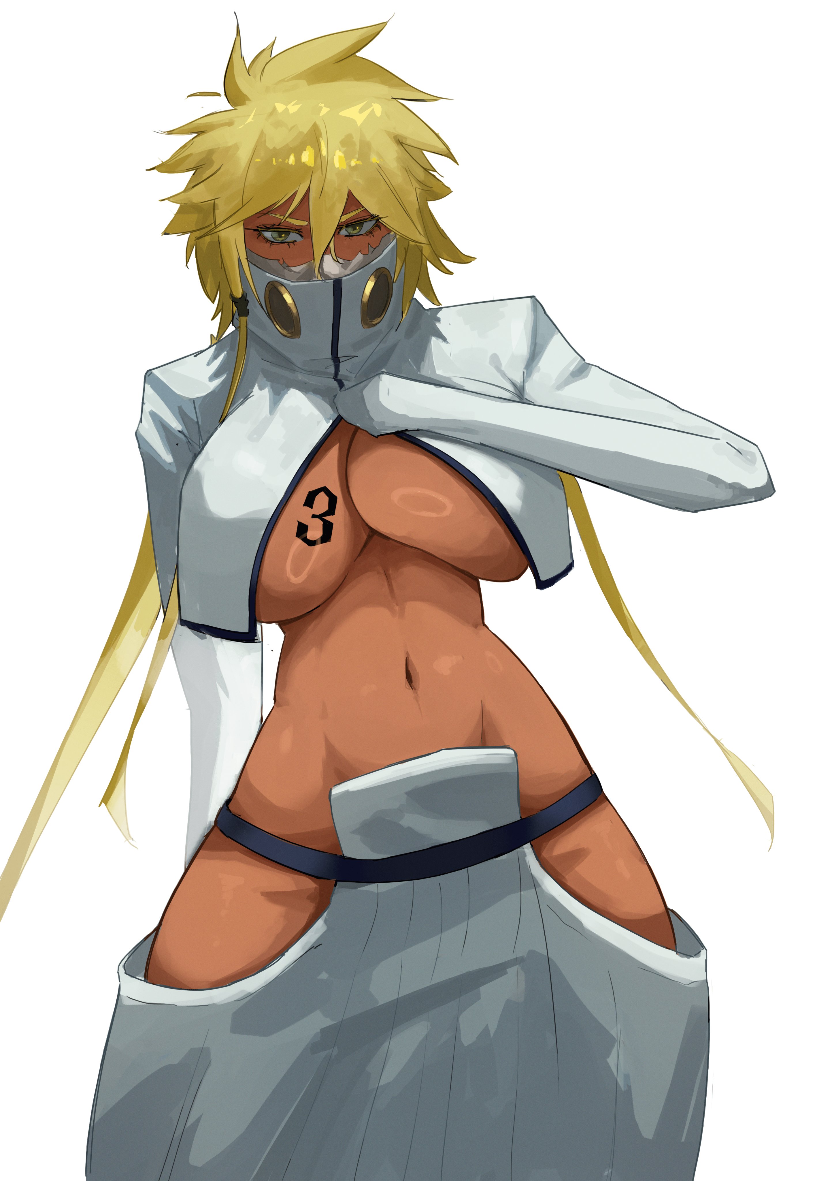 1girls, 2024, absurd res, artist request, big breasts, bleach, blonde hair, breast tattoo, breasts, child bearing hips, clothed, clothed female, dark skin, dark-skinned female, female, female focus, female only, hi res, hips, jacket, large breasts, long sleeves, looking at viewer, mask, masked, masked female, mature, mature female, navel, no bra, opening jacket, revealing clothes, short hair, solo, solo female, solo focus, tia harribel, toned, toned female, white background, white jacket, wide hips