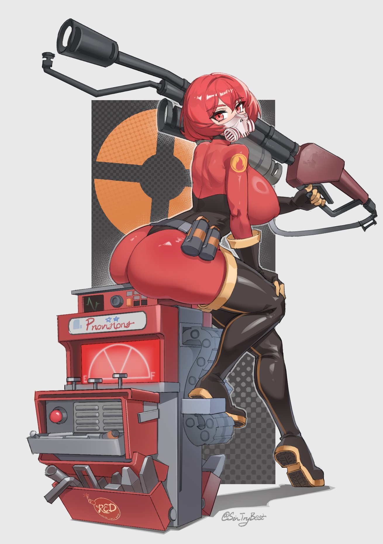1girls, 2d, 2d (artwork), 2d artwork, artist signature, ass, big ass, big breasts, big thighs, bodysuit, boots, breasts, cameltoe, female, female focus, female only, fempyro, gas mask, hi res, huge ass, huge breasts, latex, latex suit, latex thighhighs, looking at viewer, mask, masked, pussy, pyro, pyro (team fortress 2), red eyes, red hair, rule 63, short hair, simple background, sintrybest, solo, solo female, solo focus, suggestive, suggestive pose, tagme, team fortress 2, team fortress 2 logo, tf2, thick hips, thick thighs, thigh boots, thighs