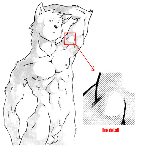 abs animal_genitalia anthro artdecade attached_sheath balls biceps canid canine english_text fully_sheathed fur genitals half-length_portrait hand_on_own_head hatching_(art) looking_up low_res male male_focus mammal muscular muscular_anthro muscular_male navel nipples nude pecs portrait raised_arm red_text shaded sheath simple_background solo standing text white_background