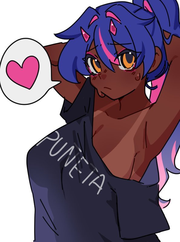 <3 arms_behind_head arms_up brujita0415 chubby dark_skin eyeshadow heart_symbol horns makeup multicolored_hair off_shoulder pink_hair pink_horns purple_hair sleepy speech_bubble tagme tanline yellow_eyes