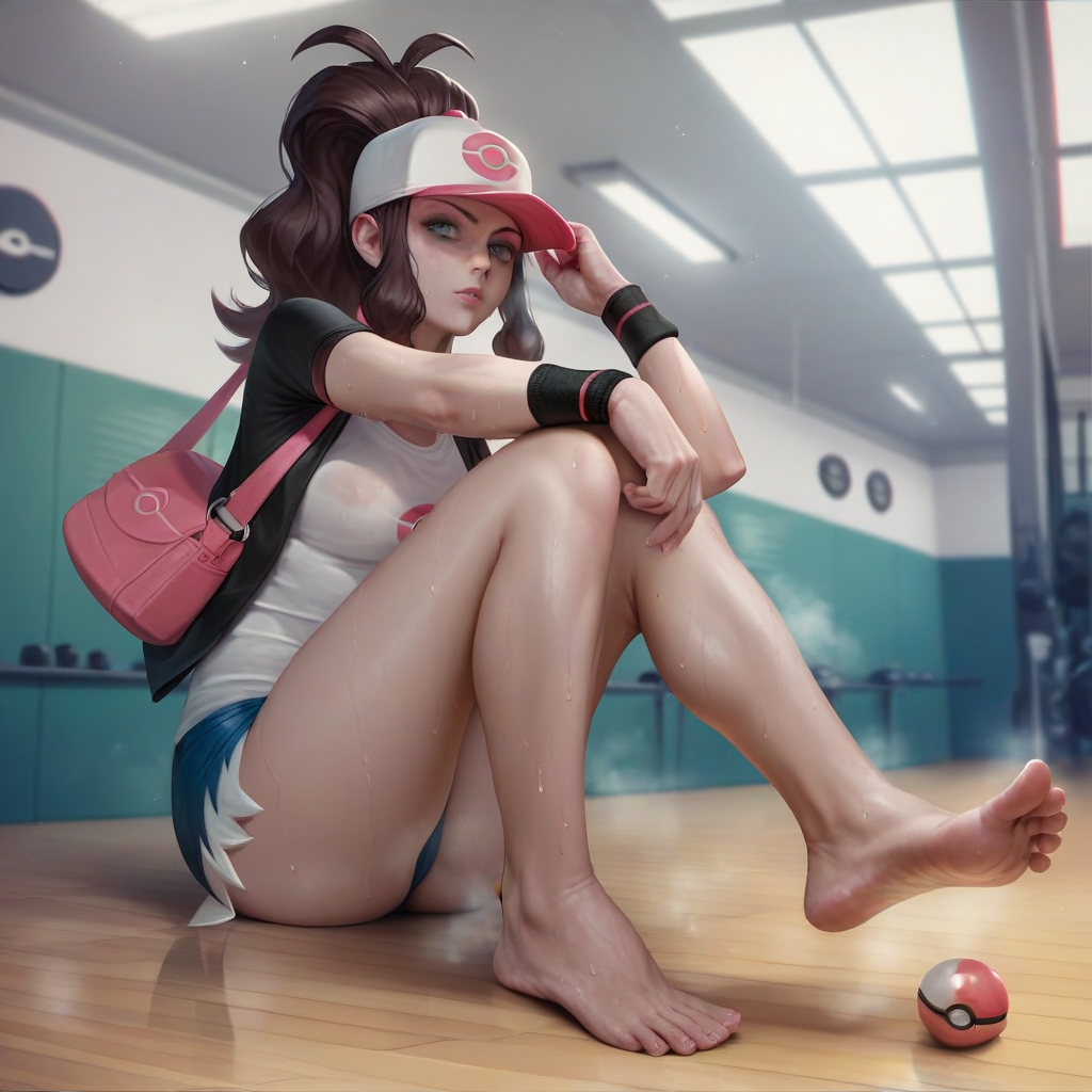 1:1_aspect_ratio ai-created ai_generated ass bag bare_legs barefoot baseball_cap black_vest blue_eyes blue_shorts blurry breasts brown_hair clothing denim denim_shorts dirty feet female female_only foot_focus hair_through_headwear hand_on_headwear handbag hat headwear high_ponytail hilda_(pokemon) indoors legs long_hair looking_at_viewer medium_breasts nipples open_clothes open_vest parted_lips pink_bag poke_ball poke_ball_(basic) pokemon pokemon_(game) pokemon_bw pokemon_character ponytail protagonist_(pokemon) shirt short_shorts short_sleeves shorts shoulder_bag sidelocks sitting soles solo steam sweat tank_top thighs tied_hair toes vest wet white_shirt wooden_floor wristband