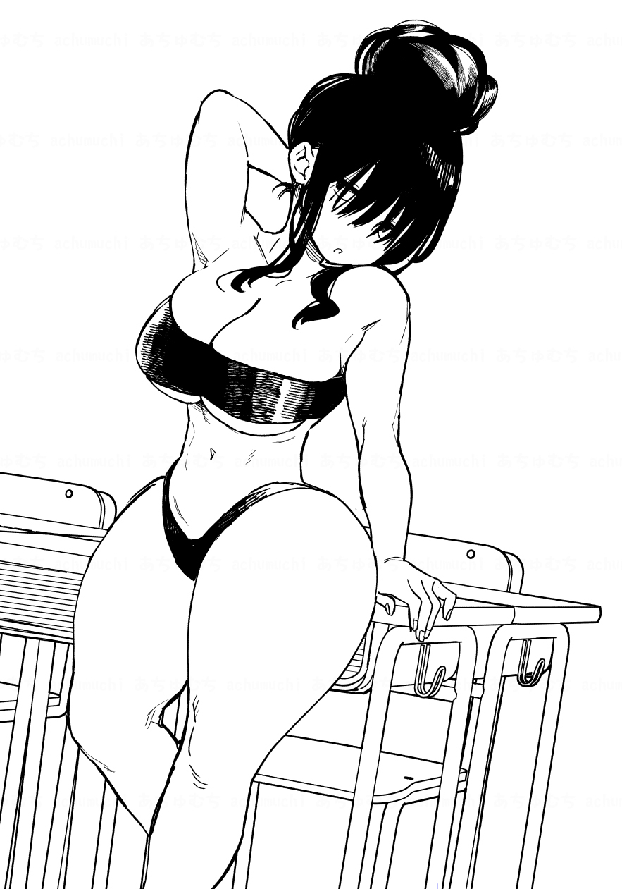 achumuchi ass bare_shoulders bikini breasts erotic_x_anabolic female highres huge_ass inui_achu large_breasts long_hair looking_at_viewer mitsukura_itsuha monochrome original pose solo strapless strapless_bikini swimsuit thick_thighs thighs wide_hips