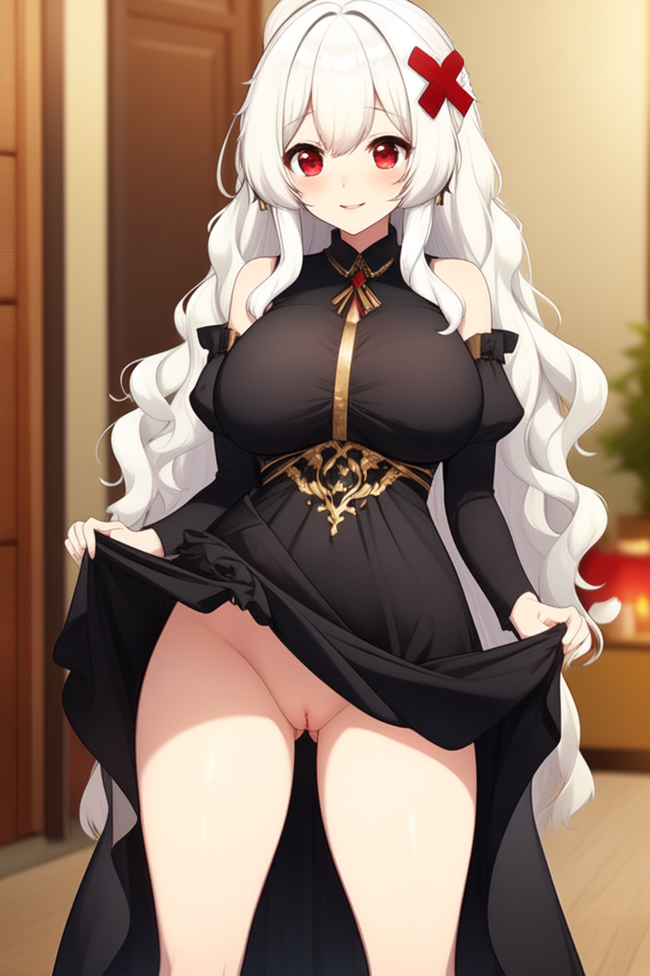 1girls ai_generated blush breasts erispheria exhibitionism flashing flashing_pussy indoors long_hair no_panties public pussy red_eyes solo_female tagme thighs upskirt virtual_youtuber vtuber white_hair