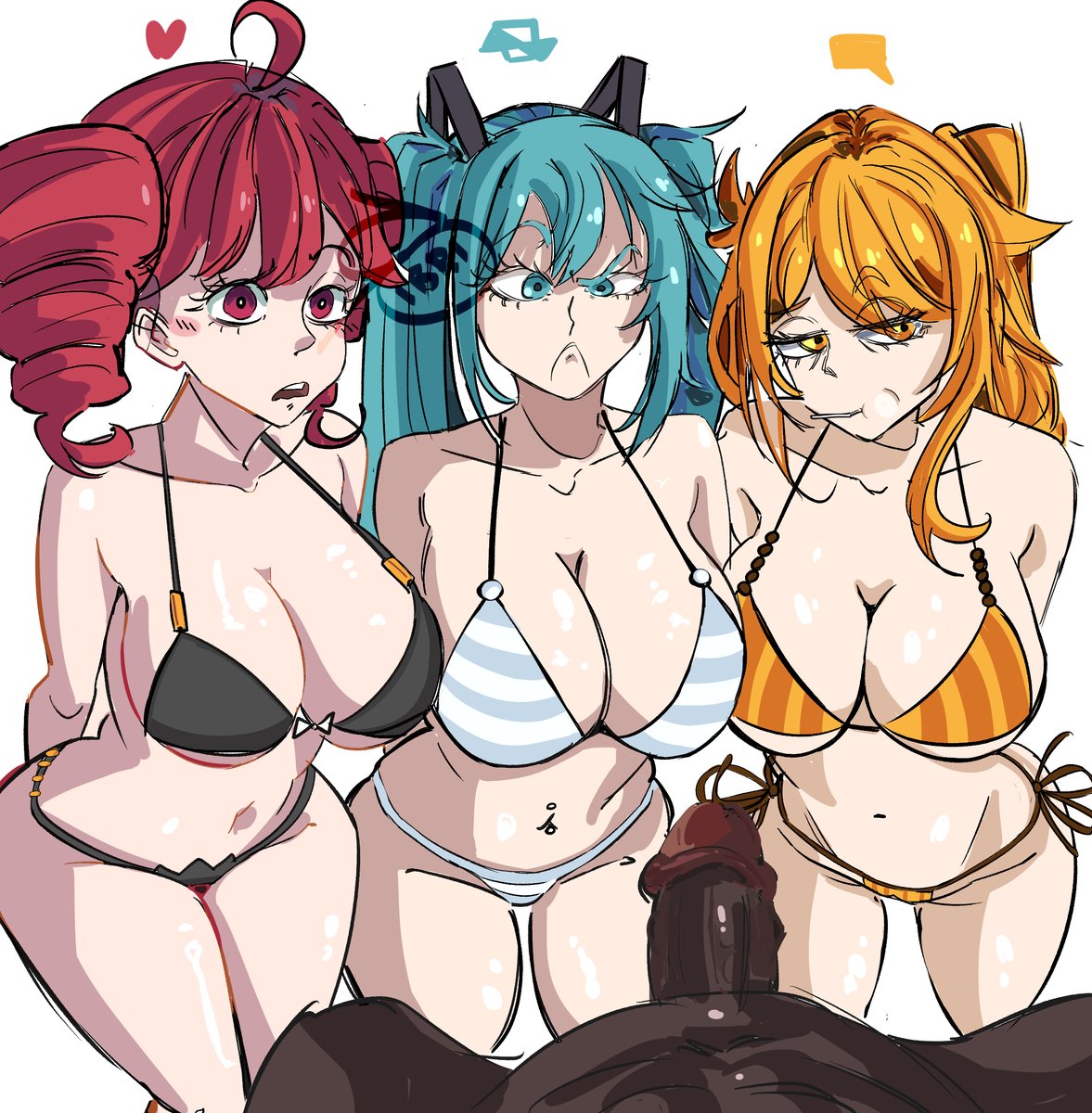 1boy, 3girls, ahoge, akita neru, alternate breast size, aqua hair, arms behind back, bangs, bikini, black bikini, blonde hair, blue eyes, breasts, cleavage, crossover, dark skin, dark-skinned male, drill hair, erection, hatsune miku, heart, hetero, huge breasts, interracial, kasane teto, large breasts, long hair, looking at penis, looking at viewer, male, multiple girls, navel, open mouth, orange eyes, orange hair, penis, pov, red eyes, red hair, sibri, side-tie bikini bottom, simple background, small penis, striped, striped bikini, swimsuit, triple baka (vocaloid), twin drills, twintails, vocaloid, white background, yellow bikini, yellow eyes