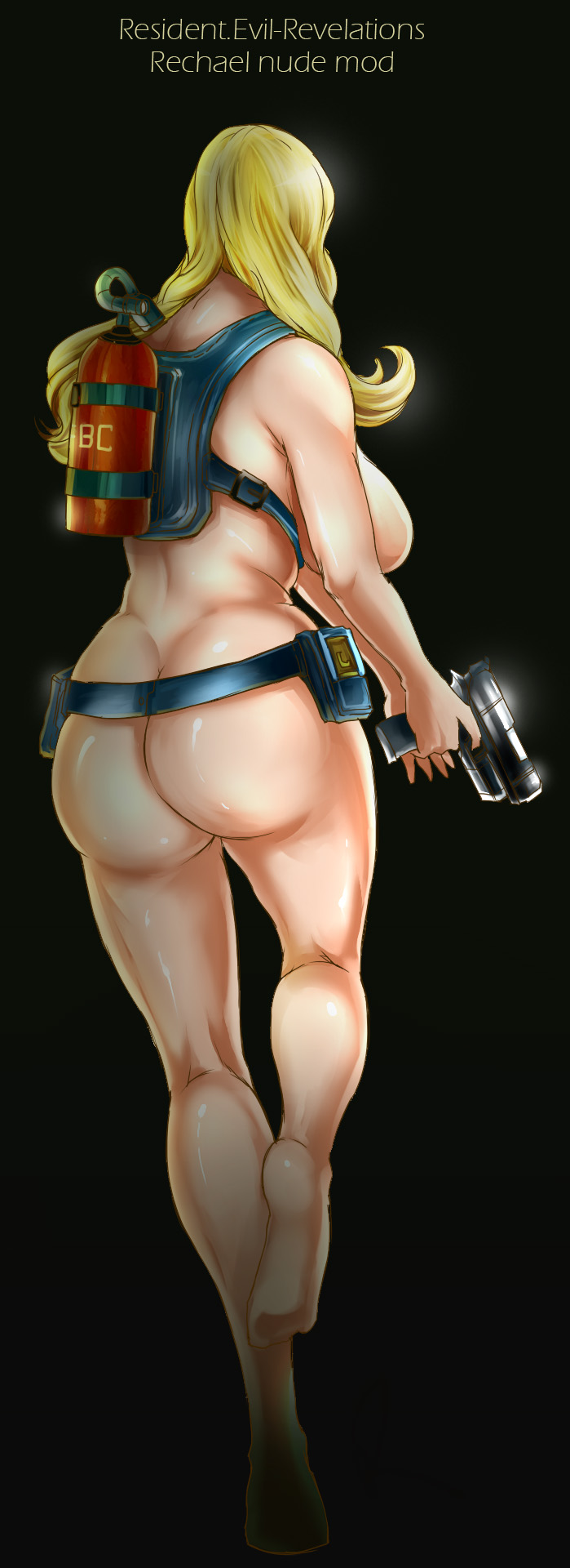 ass backboob big_ass blonde_hair capcom casual female female_only firearm gun handgun harness human long_hair nude oxygen_tank pale_skin rachel_foley redrule resident_evil resident_evil_revelations rosa_(artist) solo tactical_nudity weapon