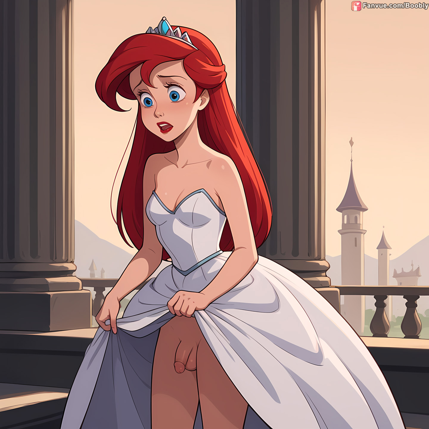 ai generated, ariel, ariel (the little mermaid), boobly, dress, dress lift, futanari, intersex, outdoors, public nudity, red hair, shocked expression, standing, the little mermaid, the little mermaid (1989 film), upskirt, wedding dress