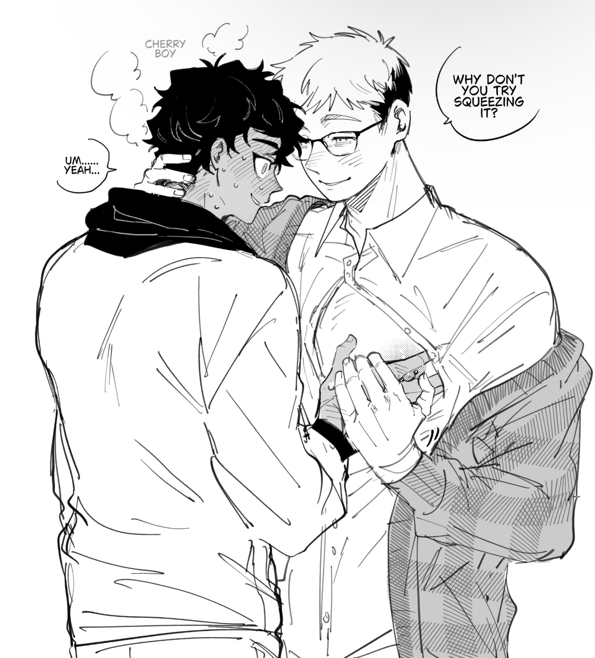 blush, clothed, clothing, dialogue, dungeon meshi, gay, grabbing pecs, hand on pecs, kabru, laios touden, male, male focus, male only, male/male, nipples, pec grab, pecs, tsmtsuki, yaoi