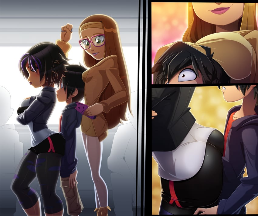1boy, 2girls, ass, big hero 6, breasts, clothed, female, gogo tomago, grinding, hiro hamada, honey lemon, male, marvel, marvel comics, older female, ravenravenraven, sandwiched, shocked, shocked expression, smothering, younger male