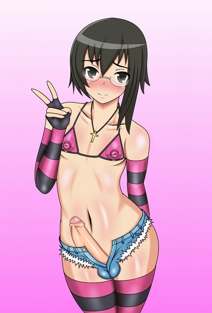 1boy androgynous black_hair blush censored cross crossdressing cutoffs erect_nipples erection femboy girly glasses jean_shorts male male_only my_(artist) nipples penis pink_background short_shorts shorts simple_background solo standing striped striped_legwear thighhighs trap v