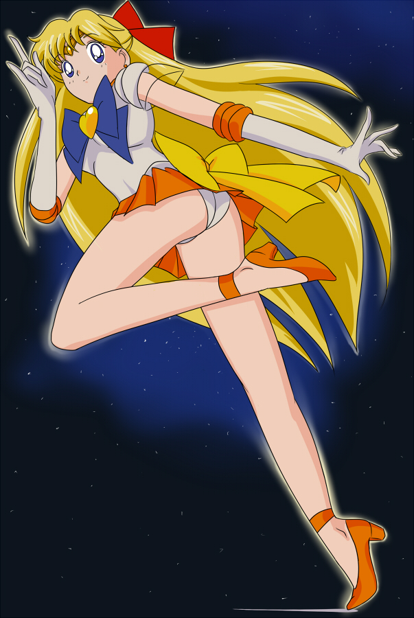 bishoujo_senshi_sailor_moon blonde_hair blue_eyes bow choker clothing color earrings elbow_gloves female female_only gloves hairbow high_heels human leotard long_hair looking_at_viewer looking_back minako_aino miniskirt nangoku panties pantyshot running sailor_venus serafuku short_skirt skirt solo tiara upskirt white_gloves white_panties white_underwear