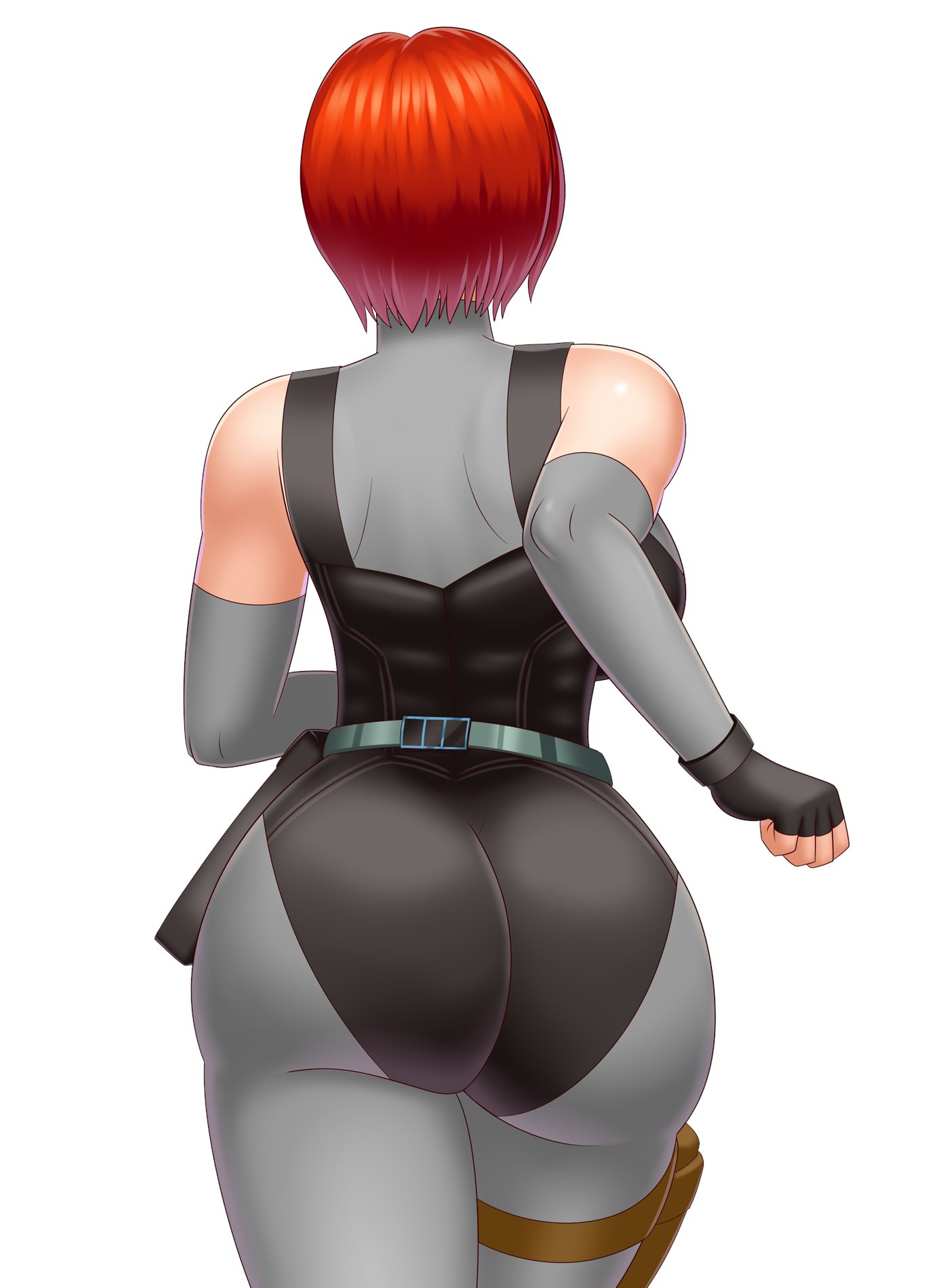 ass, back, backboob, black gloves, black leotard, bluebullpen, bodysuit, breasts, curvy, dino crisis, elbow gloves, female, fingerless gloves, from behind, gloves, highres, huge ass, large breasts, leotard, red hair, regina (dino crisis), short hair, simple background, skin tight, solo, thick thighs, thighs, turtleneck, white background, wide hips
