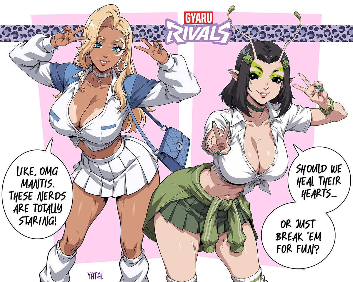 2d, 2girls, blonde hair, choker, cleavage, clothed, clothed female, dagger (marvel rivals), dagger (marvel), double v, female, guardians of the galaxy, gyaru, leg warmers, looking at viewer, mantis (marvel rivals), mantis (marvel), marvel, marvel comics, marvel rivals, navel, purse, shirt, skirt, smile, sweater around waist, tan body, tandy bowen, tanline, tanlines, tanned, thighs, tummy, unbuttoned shirt, v, yatagarasupen