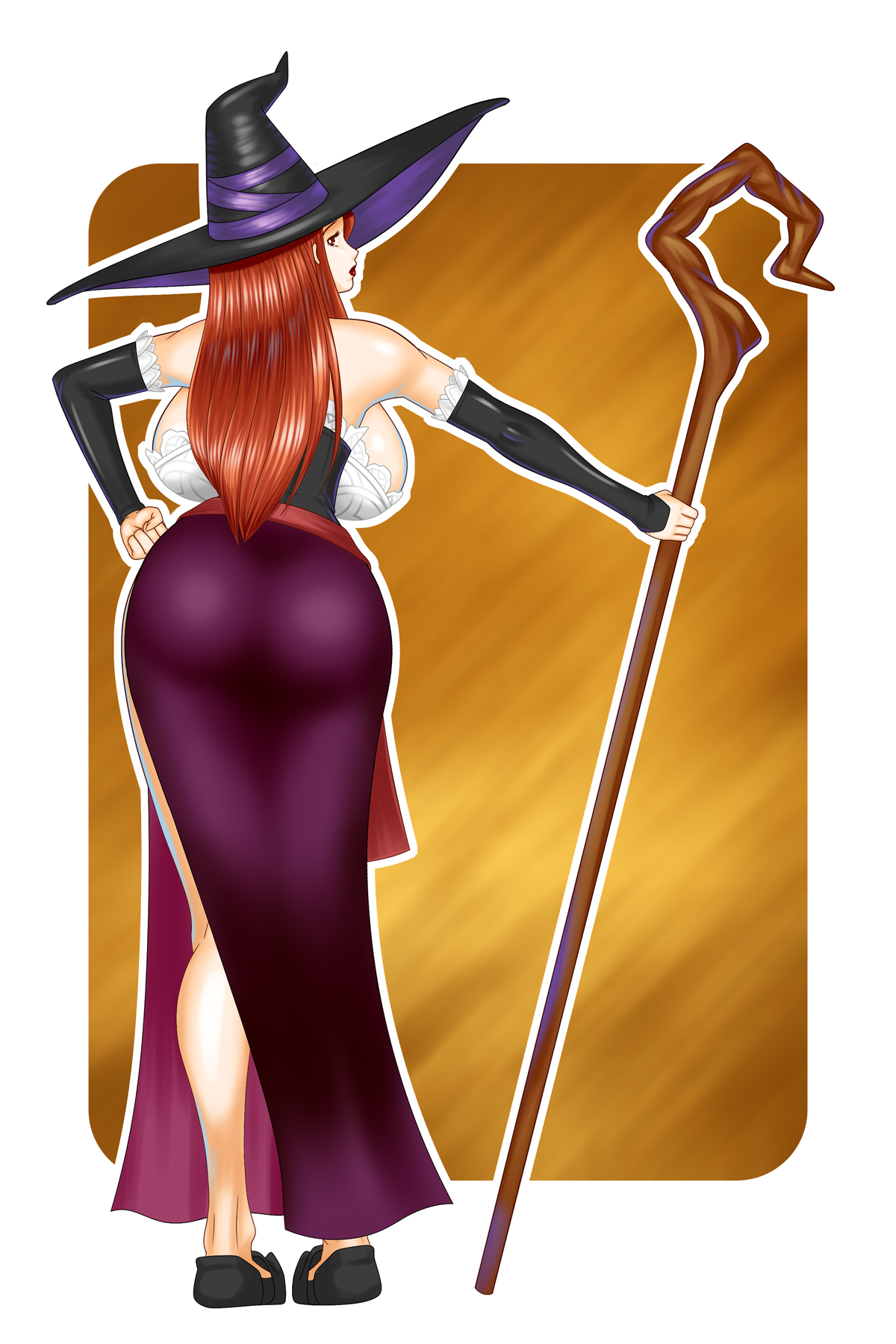 ass, backboob, bluebullpen, breasts, commentary request, curvy, dragon's crown, dress, elbow gloves, female, from behind, gloves, hat, highres, huge breasts, long hair, looking back, photoshop (medium), red hair, side slit, solo, sorceress (dragon's crown), staff, witch hat