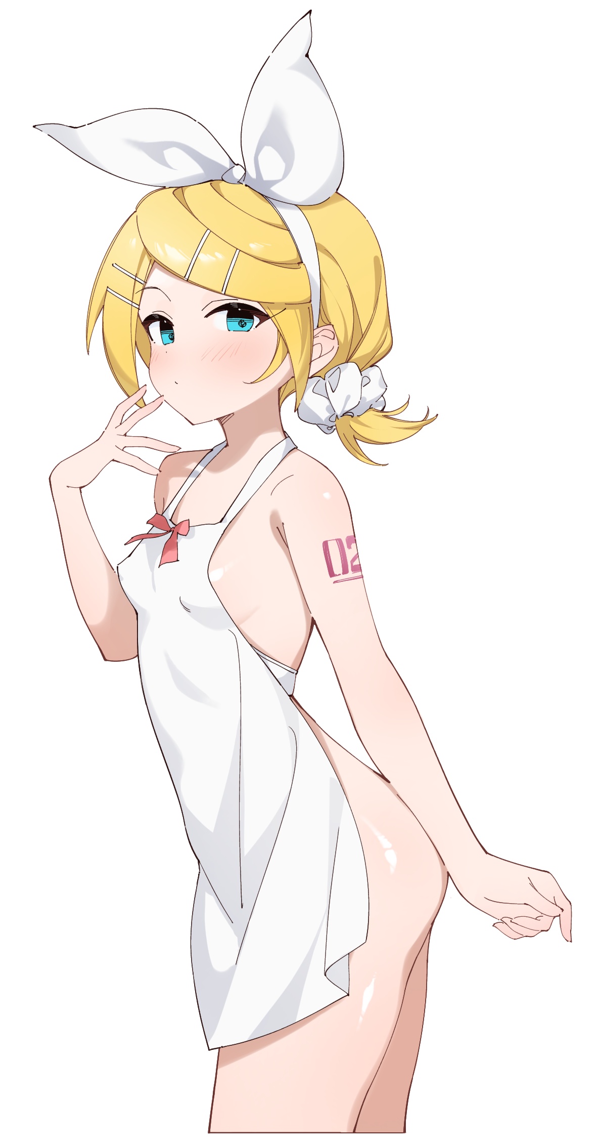apron, apron only, blonde hair, blue eyes, blush, female, hair ribbon, kagamine rin, looking at viewer, nipple bulge, rakugaki nye, ribbon, short hair, tied hair, vocaloid, white background