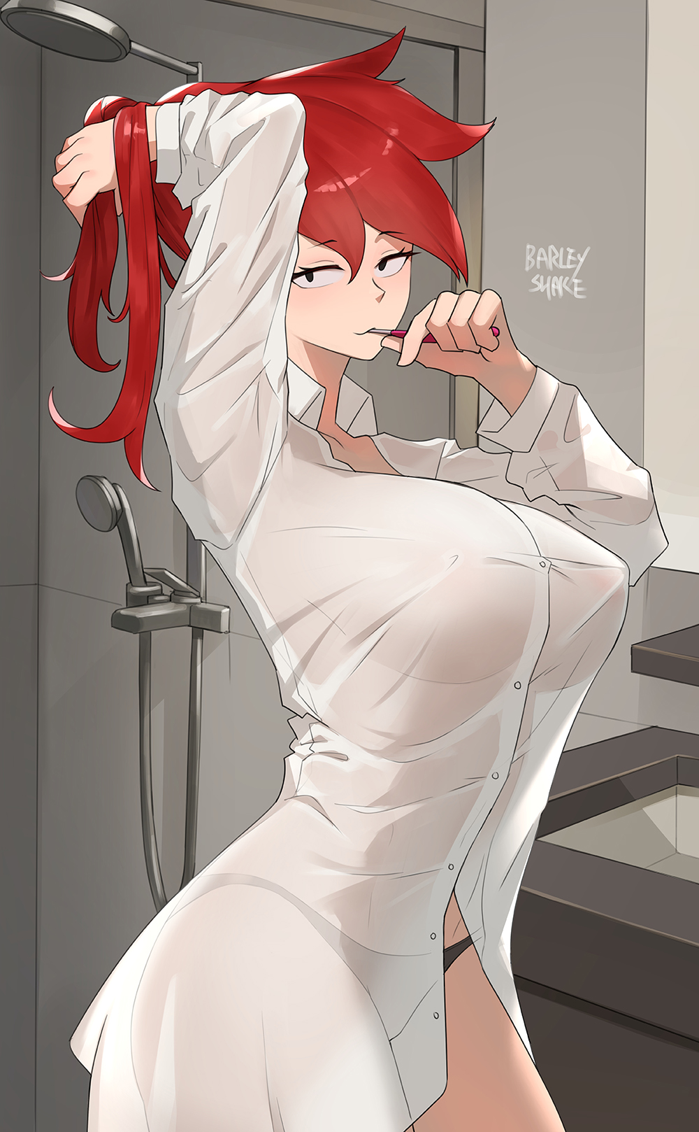 1girls, barleyshake, bathroom, big breasts, black eyes, black panties, bottomwear, breasts, brushing teeth, buttoned shirt, female, female only, foster's home for imaginary friends, frankie foster, huge breasts, loose clothes, mature, mature female, panties, red hair, see-through clothing, shirt, shower curtain, solo, solo female, toothbrush, topwear, white shirt