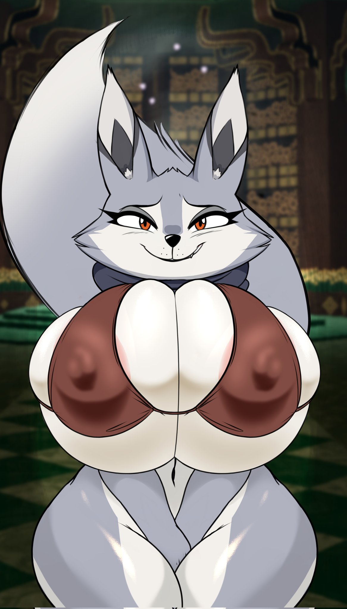 anthro, big breasts, breasts, female, fox, fox ears, hands between legs, kung fu panda, seii3, seiiartworks, tagme, thick thighs, zhen (kung fu panda)